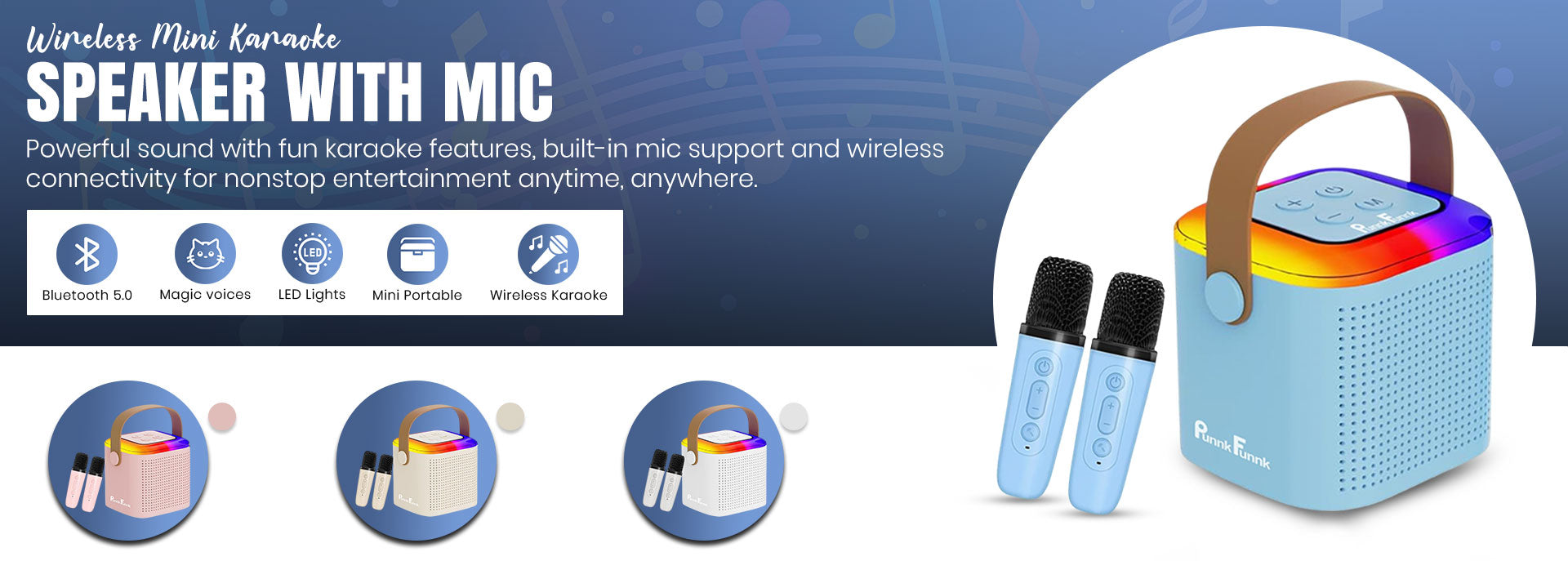 PunnkFunnk wireless mini karaoke speaker with dual microphones and RGB lighting