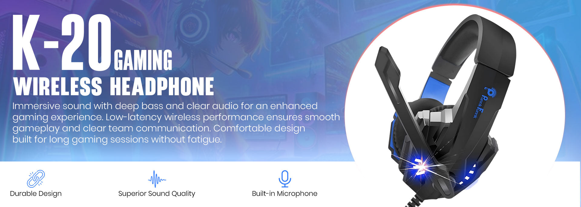 PunnkFunnk K20 over-ear gaming headset with detachable microphone